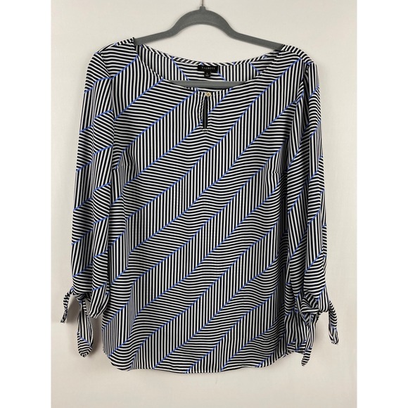 Talbots Tops - Talbots Striped Blouse Women's Large Black White Blue Tie Sleeve Work Top